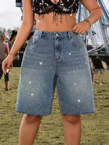Women's Fashion Womenswear Denim Jean Fit Mid-Thigh Pants, Spring Summer Breathable Rhinestone Craftsmanship, Chic Elegant Casual Daily Wear, Zipper Fly Closure