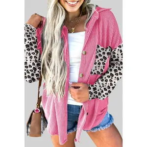 Rose Red Leopard Patched Twisted Ribbed Western Casual Shacket