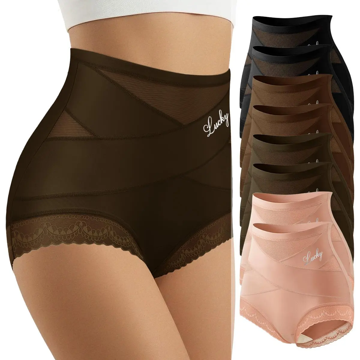 MORELECT 4/6/8 Pcs Ladies High Waisted Panties, Comfort High Rise Women Underwear, Cross Vent Mesh Design, Pretty Side Lace, Thin Breathable Material, All Season Daily Briefs, Skin Friendly Soft Intimates for Everyday Outfit.
