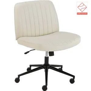Criss Cross Office Chair With Wheels, Faux Leather Cross Legged Chair Armless Wide Seat Desk Chair Vanity Chair Adjustable Swivel Task Computer Chair For Hotel, Beige