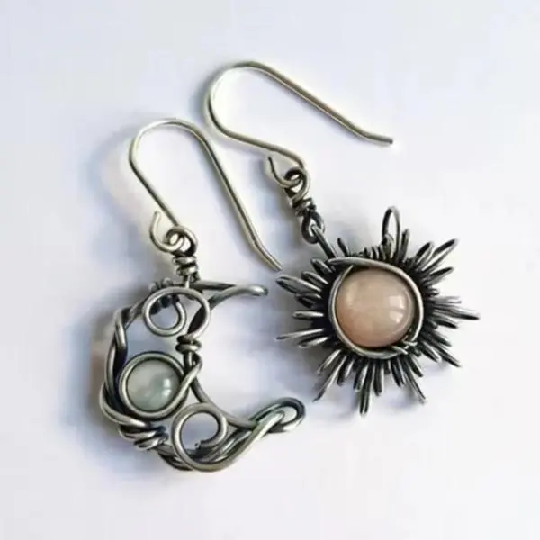 Bohemian Ancient Moonstone Sun Moon Asymmetry Dangle Earrings