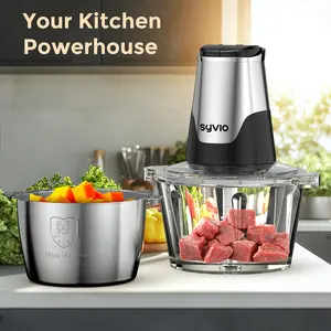 Syvio Food Processors with 2 Bowls, Meat Grinder 4 Bi-Level Blades, Mini Electric Food Chopper 450W, for Baby Food, Meat, Onion, Vegetable Chopper, 2 Speed, 8 Cup And 8 Cup, Christmas Gifts