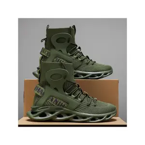 Men's high-top flyknit sports shoes, trendy blade sole, breathable and comfortable, non-slip and wear-resistant, suitable for street fashion, daily casual and outdoor sports wear.