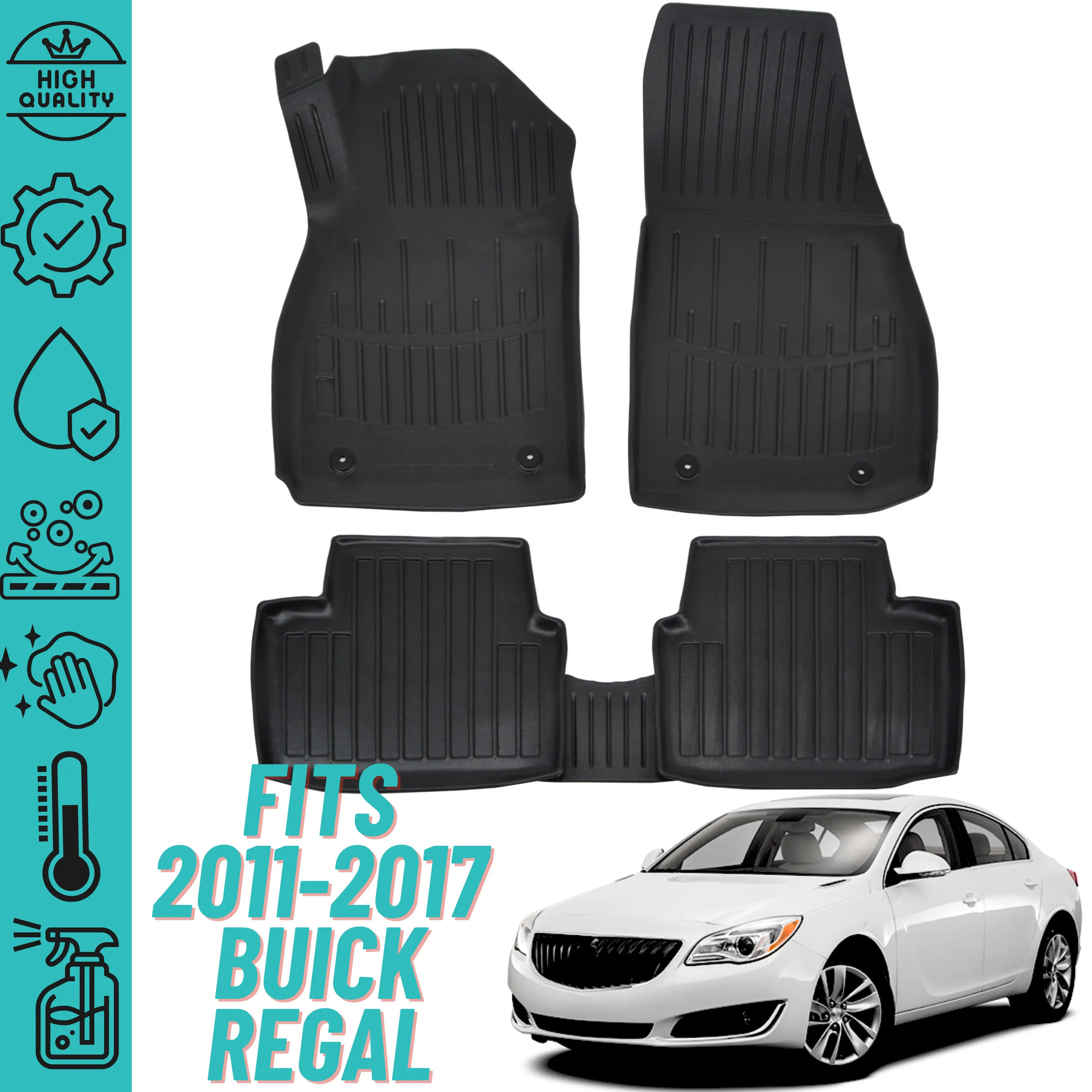 3D Floor Mats for Buick Regal 2011-2017 Heavy Duty, Custom Fit, All Weather Liner Front & 2nd Row Full Set Rubber, Black