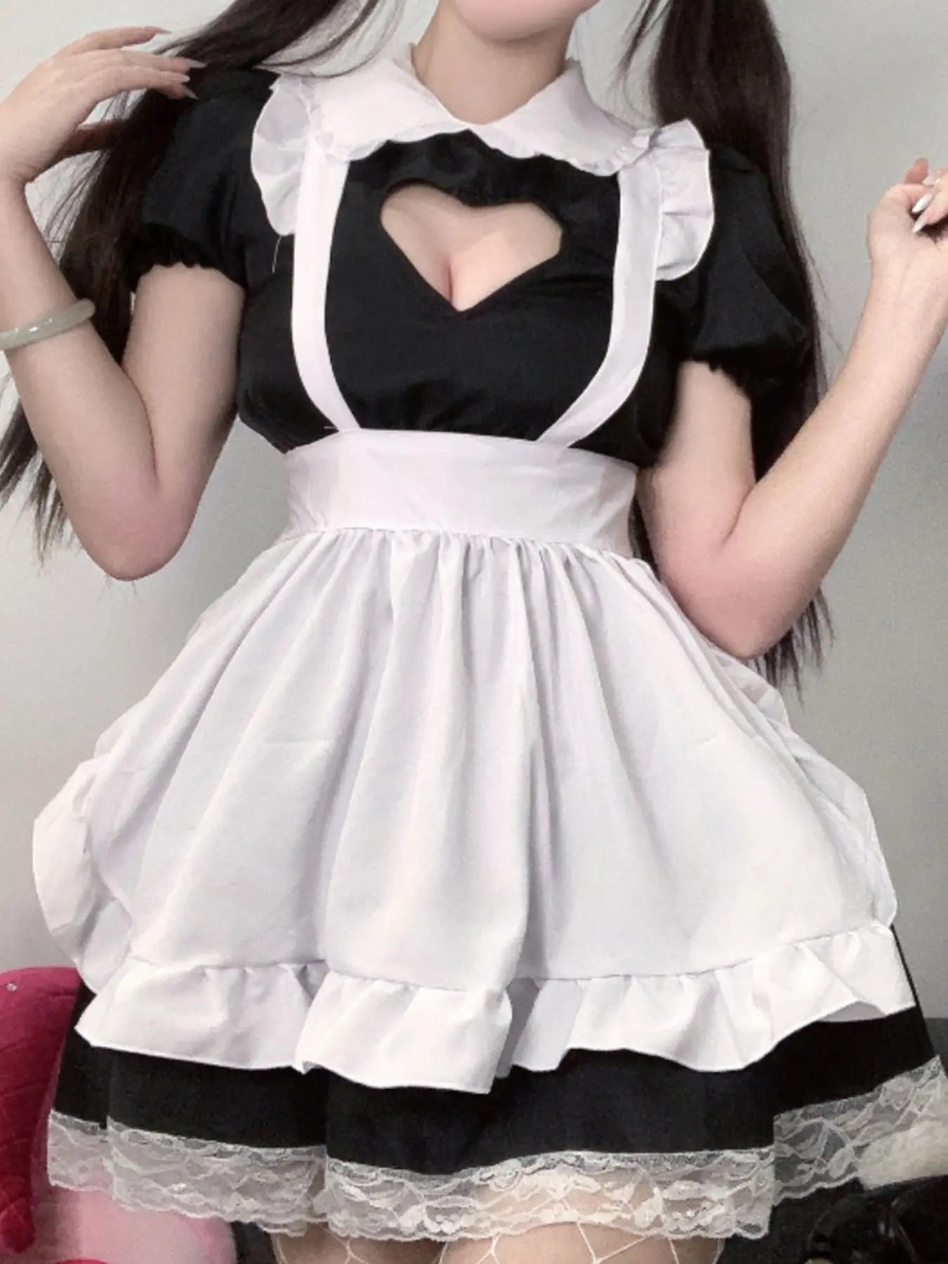 Heart Cutout Maid Outfit Fitted Short Sleeve Sexy Lace Trim Housemaid Apparel Set Womenswear Cat Ear Heart Cutout Maid Outfit Fitted Short Sleeve Sexy Lace Trim Housemaid Apparel Set Womenswear Cat Ear