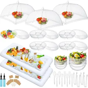 128 Pcs Inflatable Cooler Set for Parties Including 2 Inflatable Serving Bars Buffet Cooler 3 Food Covers 6 Salad Bowls 12 Serving Utensils 5 Plastic Appetizer Trays 100 White Labels