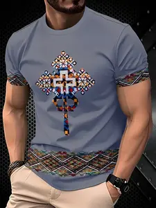 Men's Ethnic Print Short Sleeve T-Shirt, Round Neck Casual Top, Multicolor Geometric Pattern, Fashion Trendy Classic Style, Long Fitted H-Type, Menswear