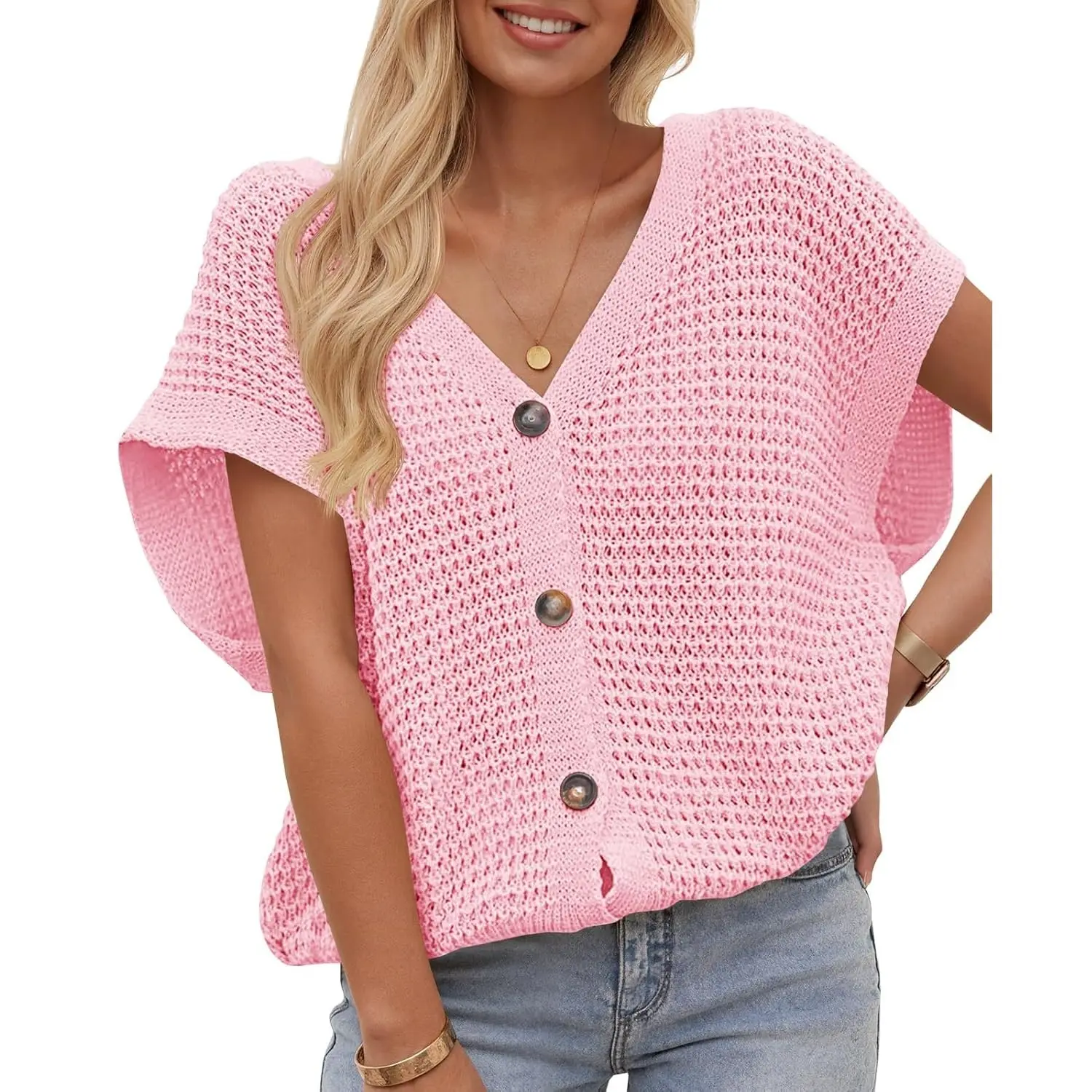FISOEW Womens Open-Knit Short-Sleeve V-Neck Cardigan Loose Casual Knit Top SummerVibes,summerwins,summeroutfits,vacationoutfits,beachoutfits,back to school,back to school shopping