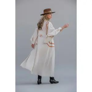 WARRIOR EYE Hand-Painted Kimono- Natural Linen Coral