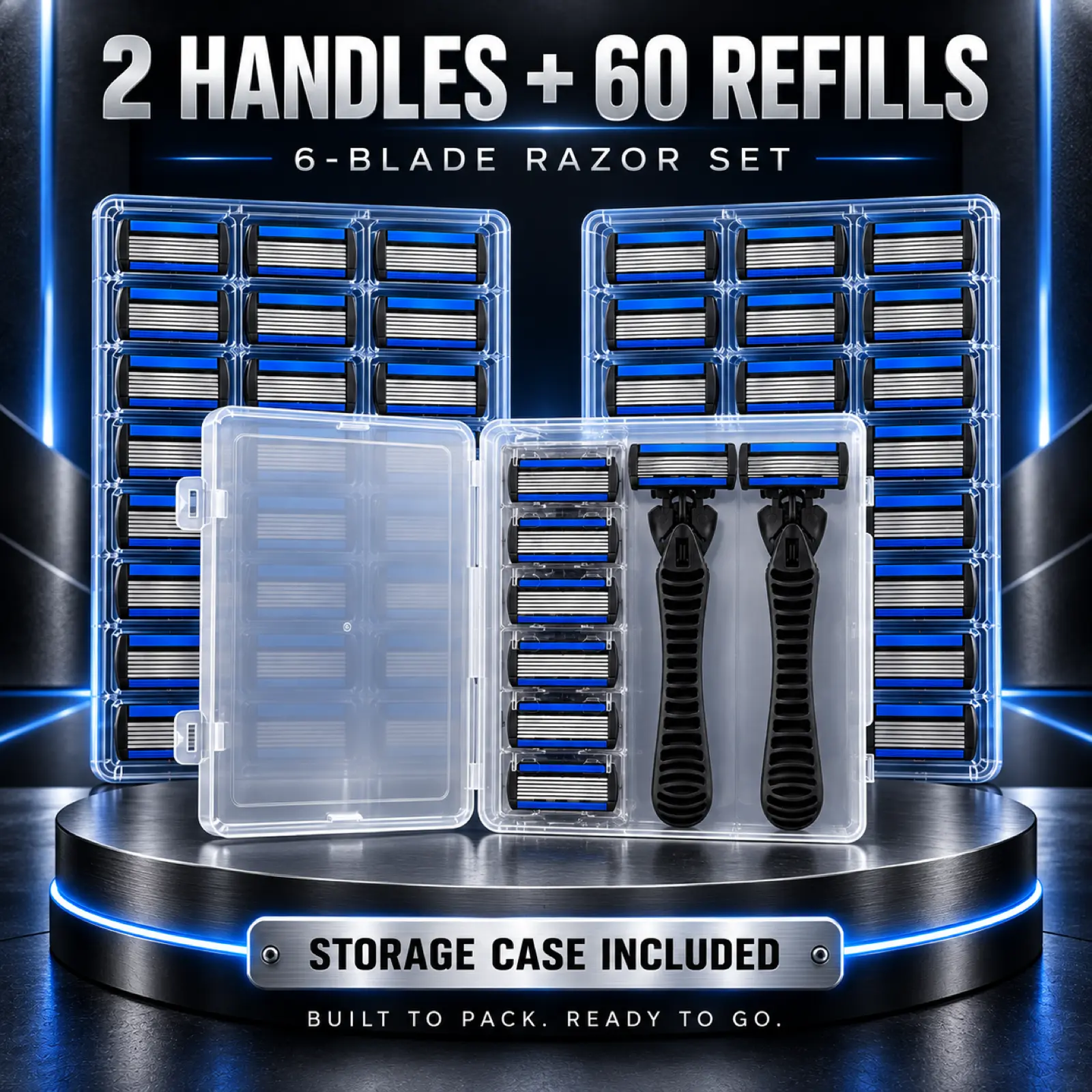 Men’s 6-Blade Manual Razor Value Pack, 2 Handles with 30 or 60 Refills, Blue Aloe Strip, Fixed Head, Travel Storage Case, No Charging
