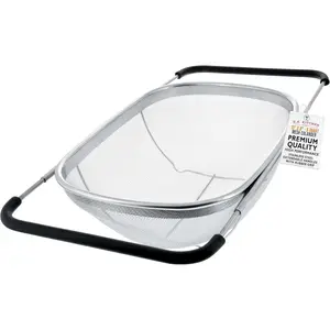 Stainless Steel Colander Strainer - 6-Quart Collapsible Colander with Expandable Rubber Handles - Rectangular Sieve, Fine Mesh Stainless Steel Strainers and Colanders for Kitchen