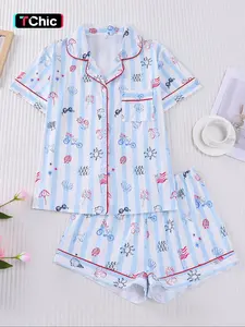 Women's Spring Summer, Ocean Vacation Theme Print, Romantic Valentine Gift, Comfortable Shirt Collar Short Sleeve Top & Elastic Shorts Pajama Set