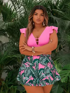 Curvy Plus Size Bikini With Skirt, Flutter Sleeve Deep V Cutout Top, High Waist Tropical Print Swim Skort
