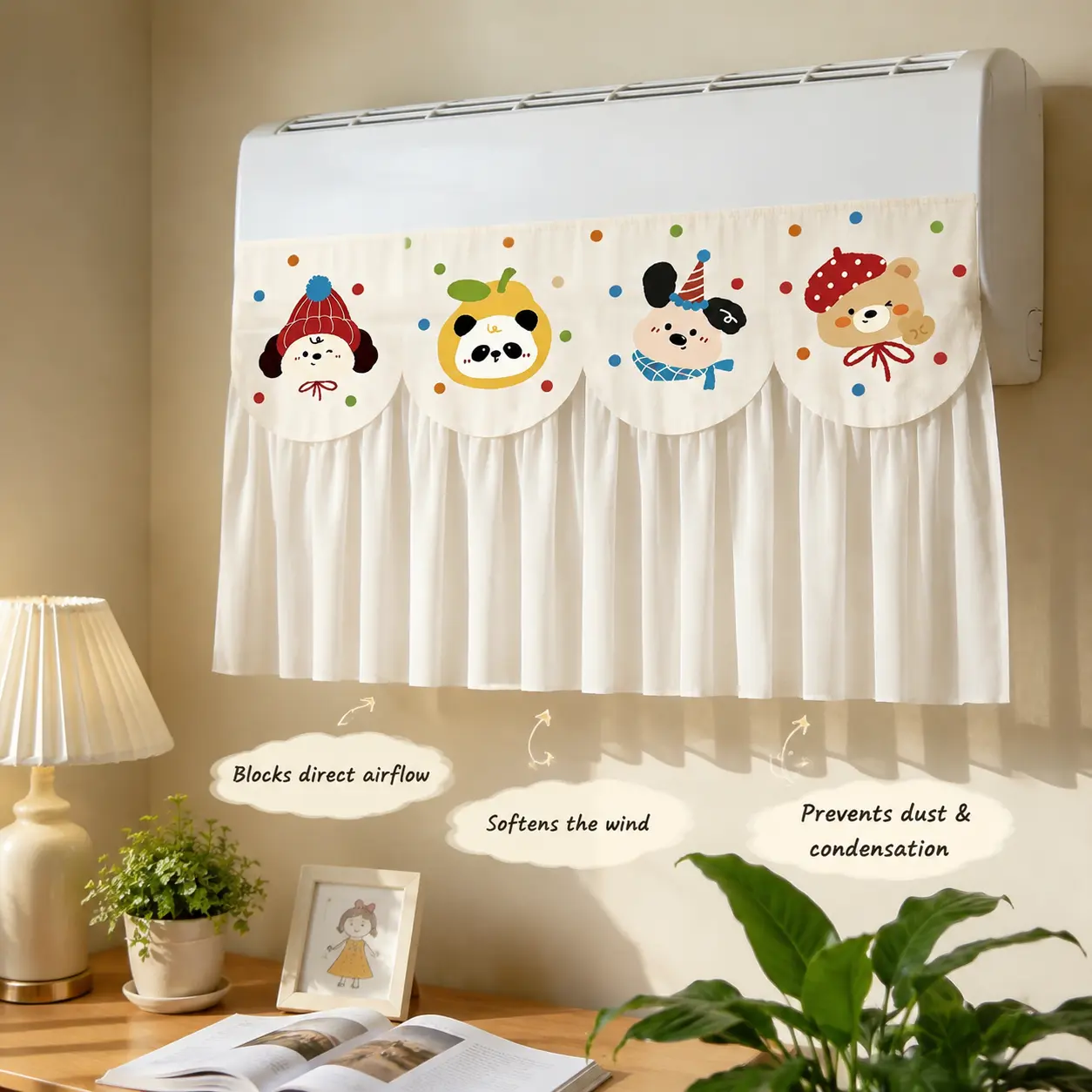 1-Piece Printed Cotton Linen Air Conditioner Wind Deflector Curtain Set, No-Drill Easy Installation, Prevents Direct Blowing for Wall-Mounted AC Home Use