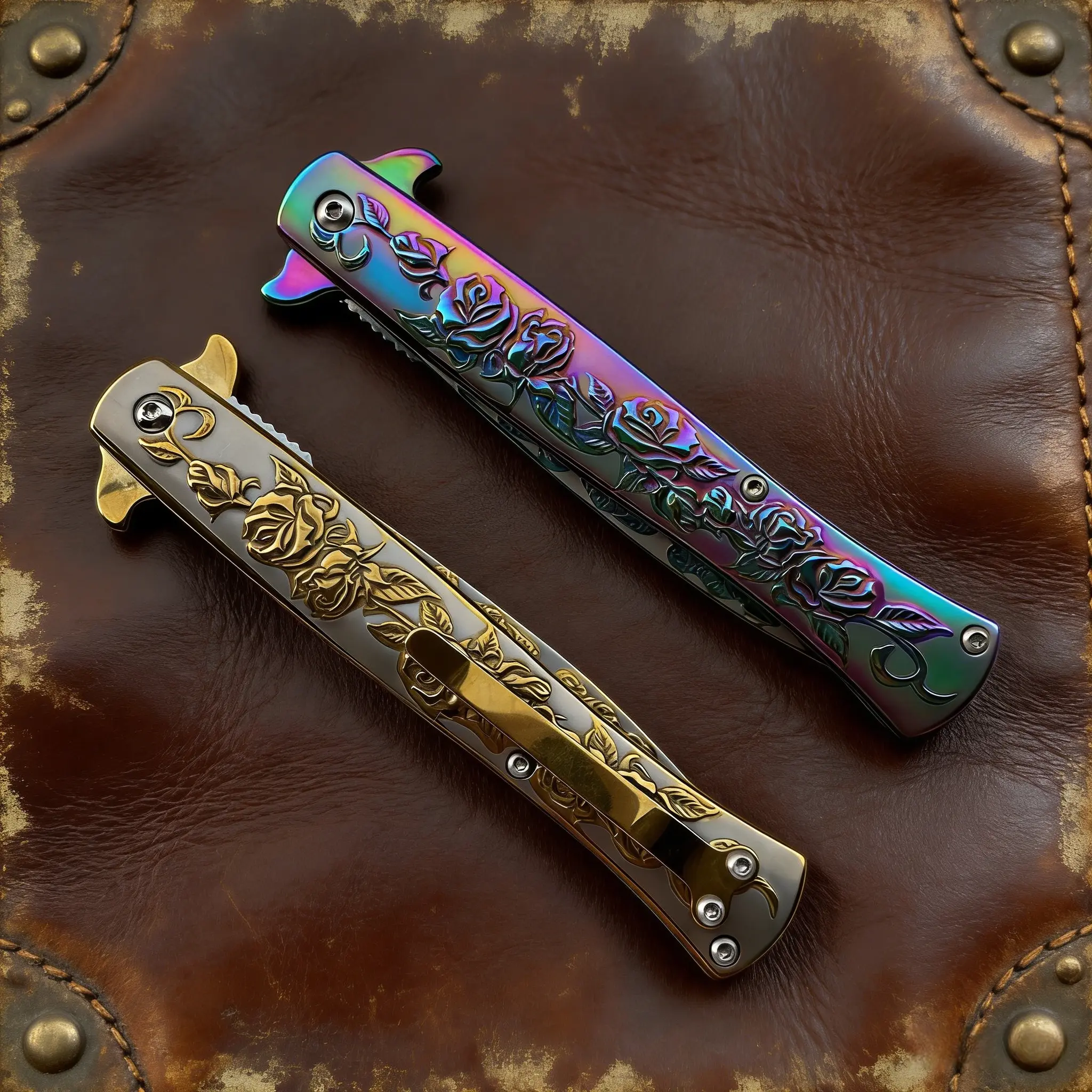 Exquisite rose relief stainless steel folding knife, outdoor camping knife, fruit knife
