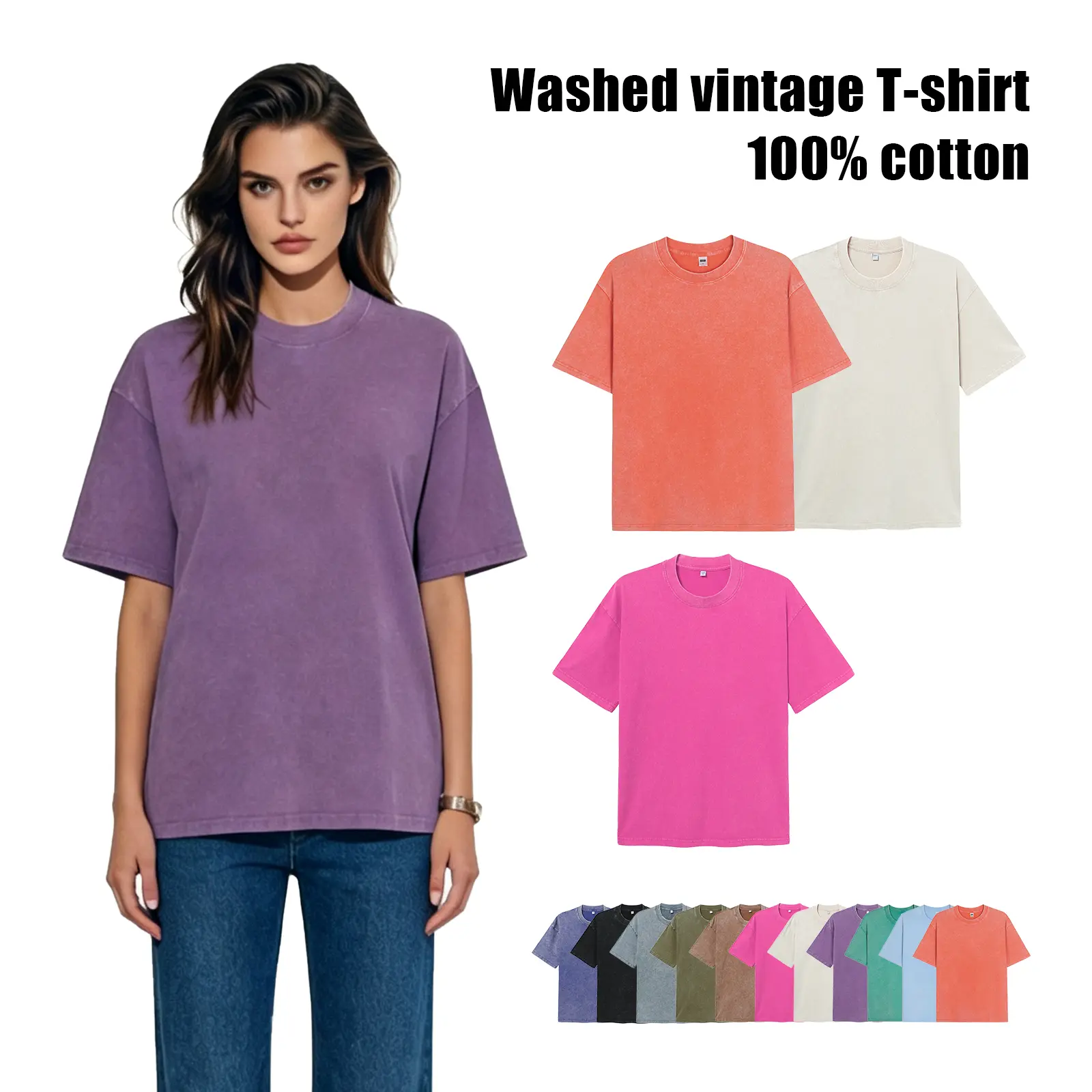 ACTCITY 3-pack acid-wash T-shirts: unisex loose oversized short-sleeve casual solid-color streetwear top; women’s loose retro streetwear T-shirt; women’s loose-fit fun cat print T-shirt.