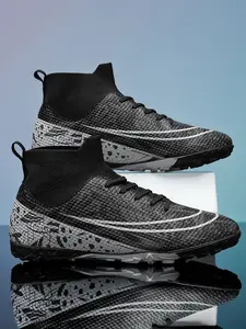 Parent-Child Black-White Leopard Print High-Top Sock-Fit Turf Football Shoes, Football Boots, Sport Style, Breathable Knit Material + Professional Turf Studs, Parent-Child Compatible, Eye-Catching, Ideal for Artificial Turf Football Fields