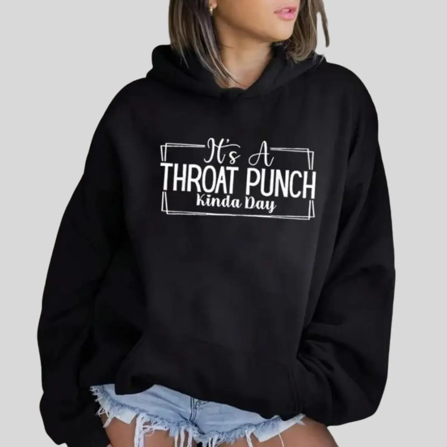 Women's Comfortable Cotton Graphic Fleece Pullover Hoodie - Funny "It's a Throat Punch Kinda Day" Print, Long Sleeves, Relaxed Fit, Seamless, Unisex Casual Street Style Top, Cotton Fabric, Pairable with Leggings/Bottoms, Everyday Gift