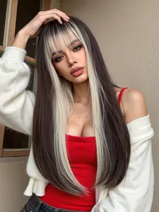26 Inch Highlights Straight Wig with Bangs, Fashionable Women's Hairstyle, Long Synthetic Hairpiece for Daily Wear, Natural Looking Wigs, Pre Cut Wigs