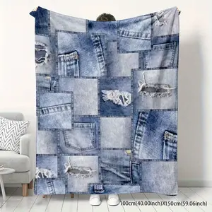 Denim Patchwork Throw Blanket - 3D Textured Geometric Design, Ultra-Soft 100% Polyester Flannel, Machine Washable All-Season Blanket for Camping, Home & Gifts - Contemporary Style Mixed Colors
