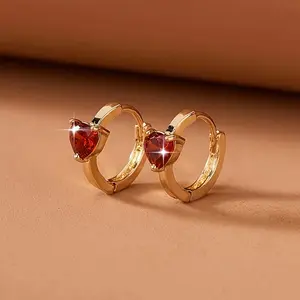 A touch of joy: a pair of simple and stylish copper heart-shaped stud earrings set with colored synthetic zircon stones; versatile and petite colored gemstone earrings.