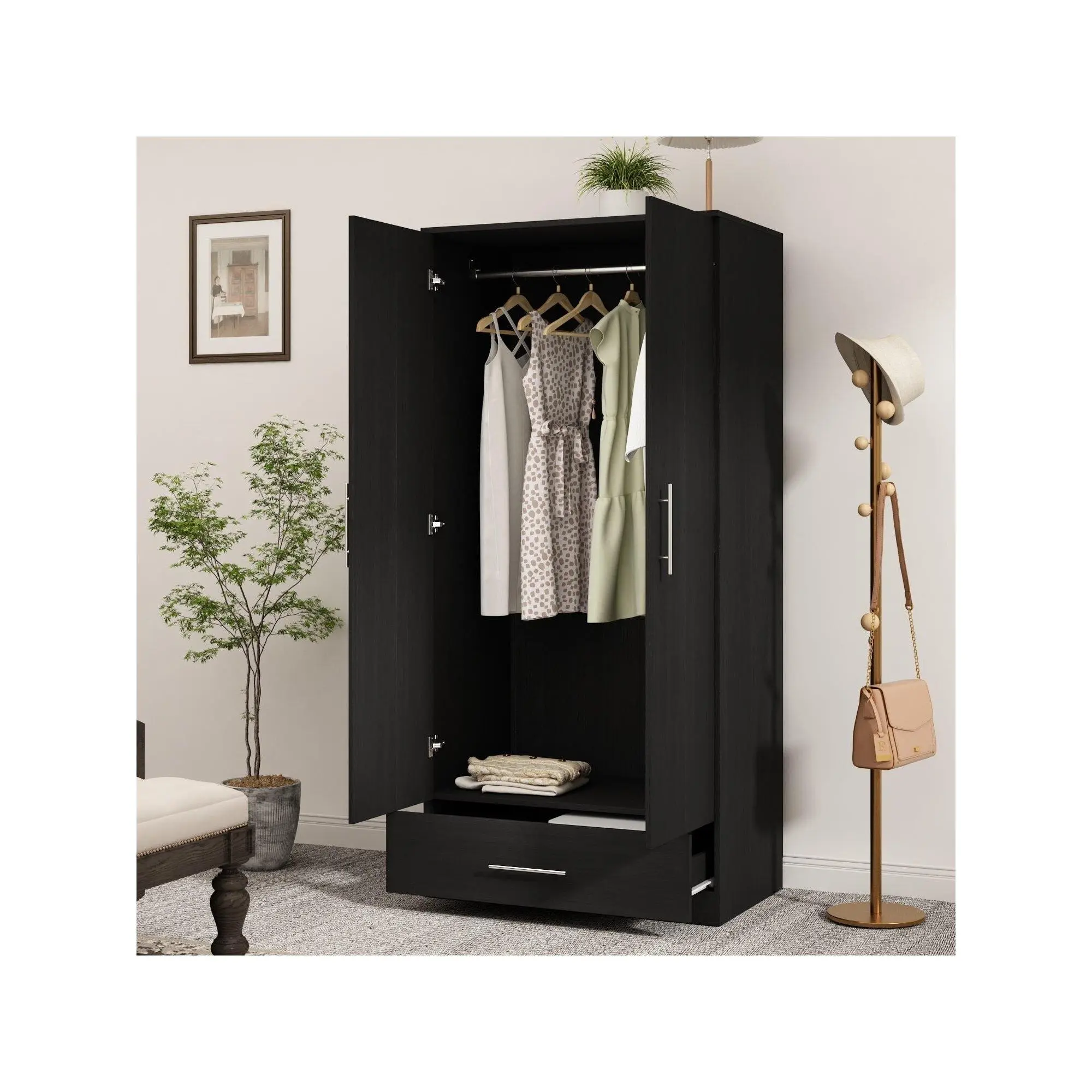 FUFU&GAGA 2 Doors Wardrobe Armoire with Drawer, Freestanding Armoire Wardrobe Closet with Hanging Rod, Bedroom Wood Clothes Storage Cabinet Organizer (31.5" W x 18.9" D x 66.9" H) Furniture Organization