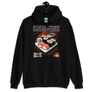 Women's Japanese sushi culture and food Graphic Hoodie - Long Sleeve Pullover Regular Fit | Soft & Breathable Fabric, Durable Print, Everyday Comfort, Machine Washable, pop art with anime-inspired elements a vibrant illustration of a sushi platter with