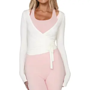 Women's Elegant Wrap Top Long Sleeve Self-Tie Dance Shirt Pilates Yoga Tops Y2k Workout Active Blouses Soft Stretchy Fabric Slim Fit V-Neck Long Sleeves