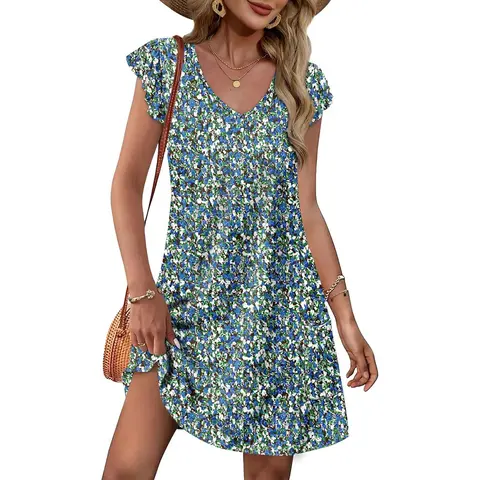 【Flash Sale · Final Stock】WIHOLL Womens Summer Dresses Ruffle Sleeve V Neck Loose Swing Sundresses with Pockets Plain/Print SwimWeek, Casual, Print 03