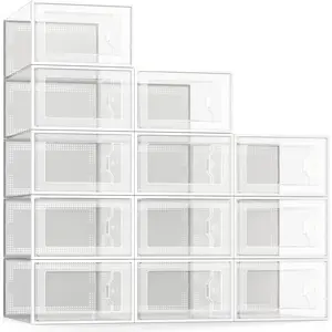 X-Large Shoe Storage Box Fit Size 11, Clear Plastic Stackable Shoe Organizer for Closet, Space Saving Foldable Shoe Rack Sneaker Container Bin Holder, 12 Pack Clear