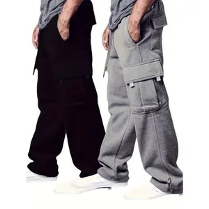 Set of 2 men’s solid loose-fit cargo pants with multiple flap pockets; casual, classic sweatpants for sports and outdoor activities; ideal winter and fall holiday gift; fabric menswear.