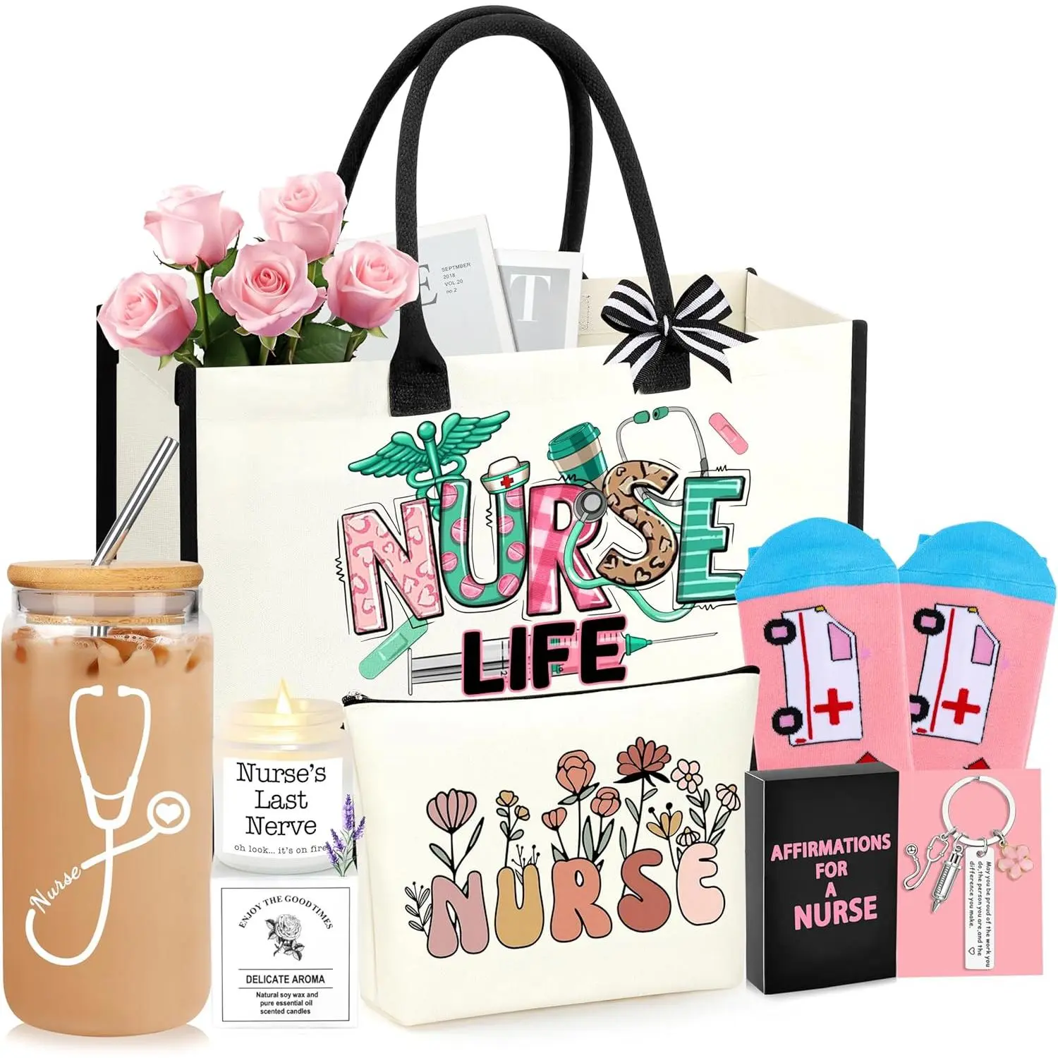 Nurse Gifts Nurse Appreciation Gifts Set for Women Christmas   for  Week  Graduation  for  Student with Canvas Bag Socks Affirmations Cards 16 Oz Can Glass