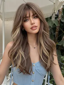 Light Brown Highlighted Loose Wave Wig with Fringe | Heat Resistant Fiber Synthetic Wavy Curly