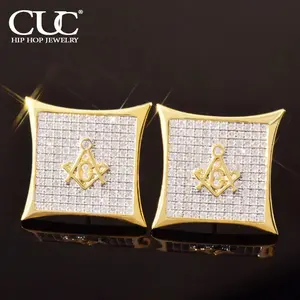 CUC 15MM Freemasonry Earring Screw Back Iced Out Cubic Zirconia Men Women Square Stud Earring Hip Hop Jewelry Best Gift