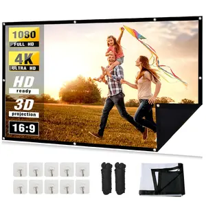 Projector Screen Double Thickened, 120-72inch 16:9 Portable Projection Movie Screen, 4K Full HD Black and White Opaque for Home Theater Outdoor Indoor Office with 10 Adhesive Hooks, Outdoor Rope. No Crease Projector Screen