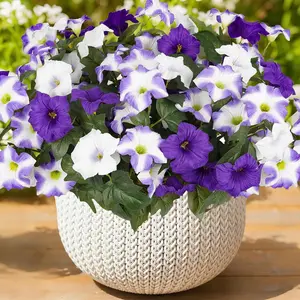 Artificial Flowers for Outdoors, Mixed Flowers, Artificial Lavender Flower, Faux Petunias Spring Summer Decoration, UV Resistant Silk Flowers for Outside Planter Front Door Yard (6, Purple-White)