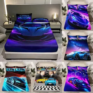 Valentine's Cyber Neon Supercar Bedding Set, 1 Fitted Sheet & 2 Sports Car Pillowcases, Boho Style, No Inserts Included
