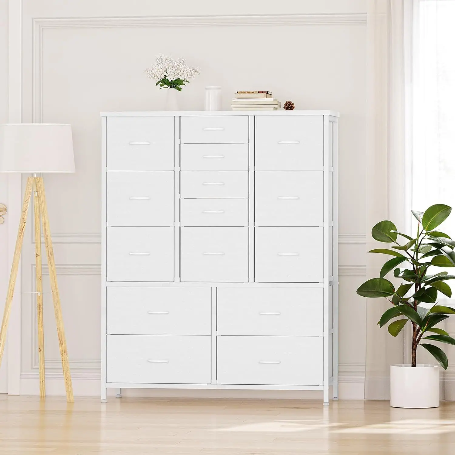 15-Drawer White Rectangular Fabric Drawers Storage Design Furniture - Sturdy Dressers with Sturdy Metal Frame, Wood Tabletop, Sort-by-Size Space-Saving Organizer Unit for Bedroom, Living Room, Assembly Required