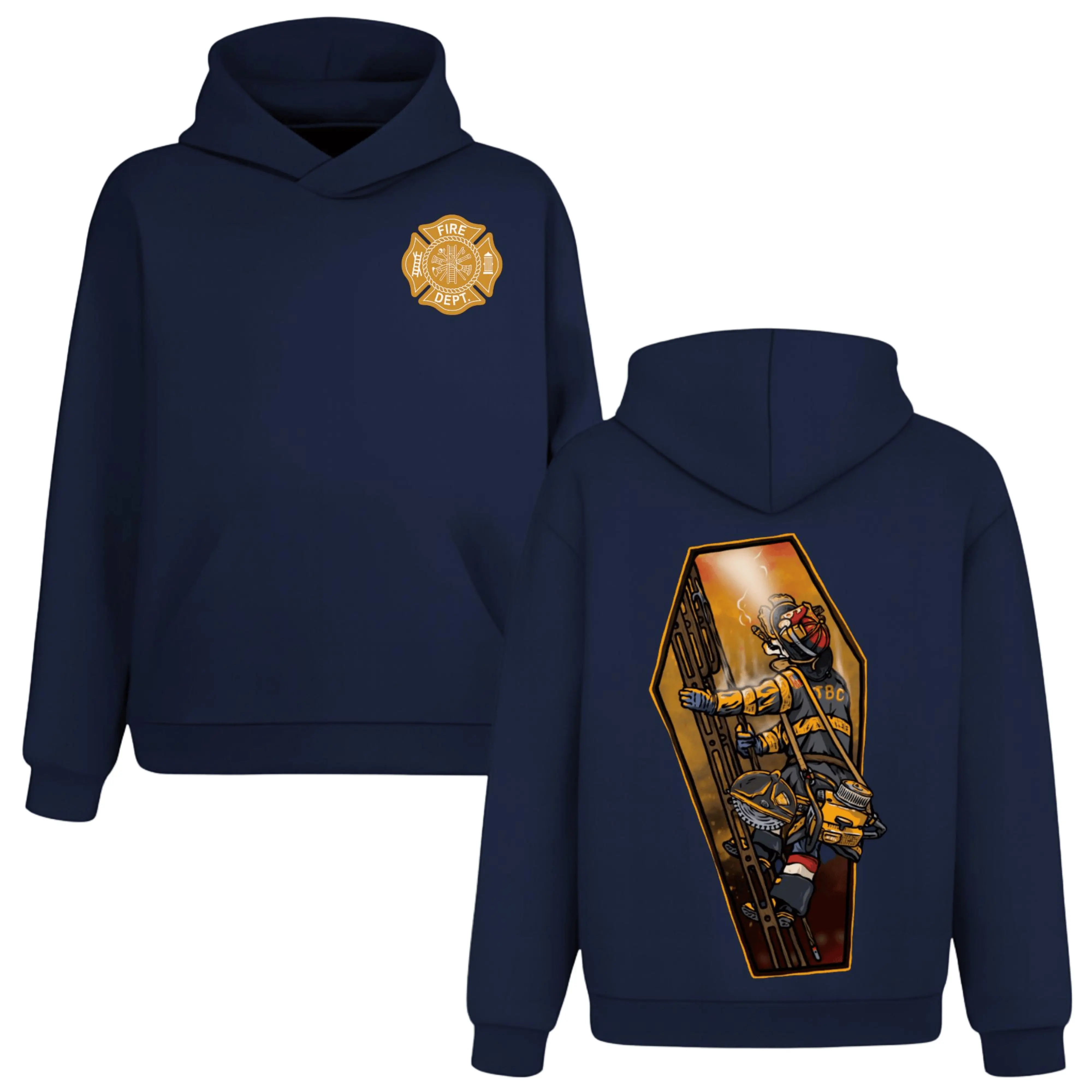 Skeleton Firefighter Coffin Hoodie, 2 Sides, Fire Dept Rescue Saw Hooded Sweatshirt