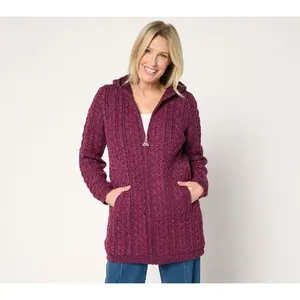 Aran Craft Merino Wool Zip Front Cardigan with Hood