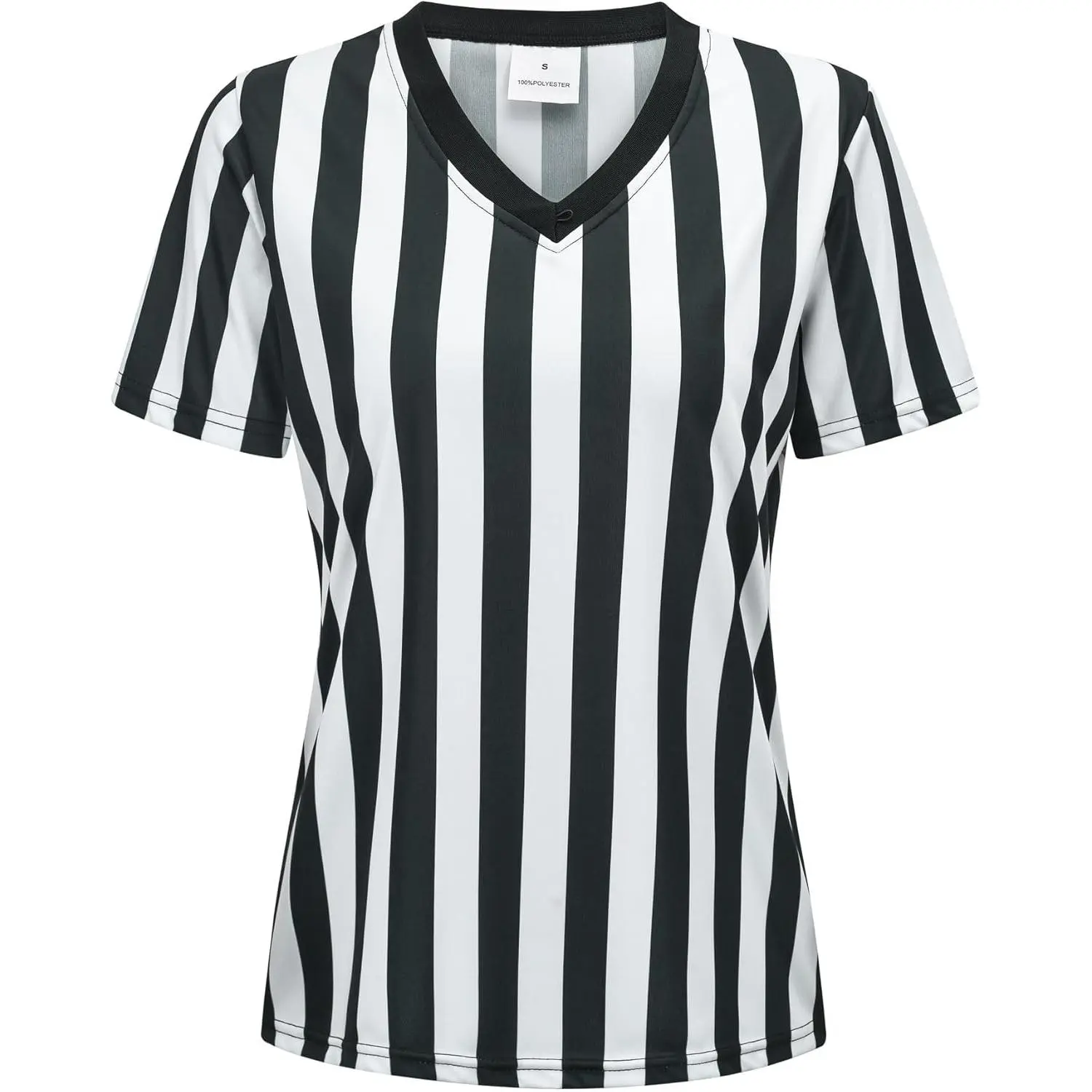 Women's Referee Shirt, Black & White Striped V-Neck Polyester Umpire Jersey, Athletic Tight Fit Short Sleeve Clothes for Sports, Fabric, Workwear, Black & White-Short Sleeve V Neck, Collared, Stripes, Nylon, All Seasons, Quick-Dry, Sporty Chic