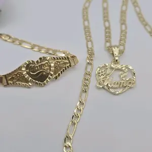 Gold-plated heart #1 MAMA beautiful set figaro style gold-plated 24"inches necklace with bracelet 8"inches