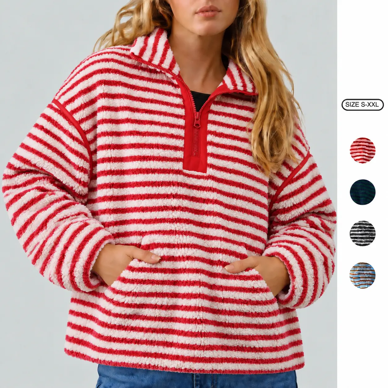 【Christmas Sale】Imily Bela Women's Striped Fleece Pullover  Zip Stand Collar Sweatshirt Loose Fuzzy Long Sleeve Cozy Top
