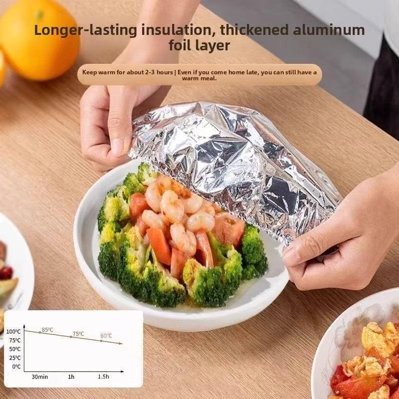 50pcsAluminum foil food warming cover keeps food warm and fresh. High-quality, reusable aluminum foil food cover for the family dining table. Kitchen freshness protector suitable for home and kitchen use.