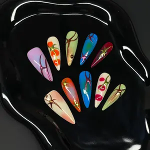 NAYL - NEON ROOTS 10PCS Handmade Press On Nails REUSABLE 3D Gel LONG STILETTO MULTICOLOR ORGANIC FLAME DESIGN