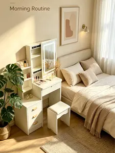 Multi-functional dressing table with LED mirror light, compact bedroom makeup desk and storage cabinet all-in-one vanity,dresser