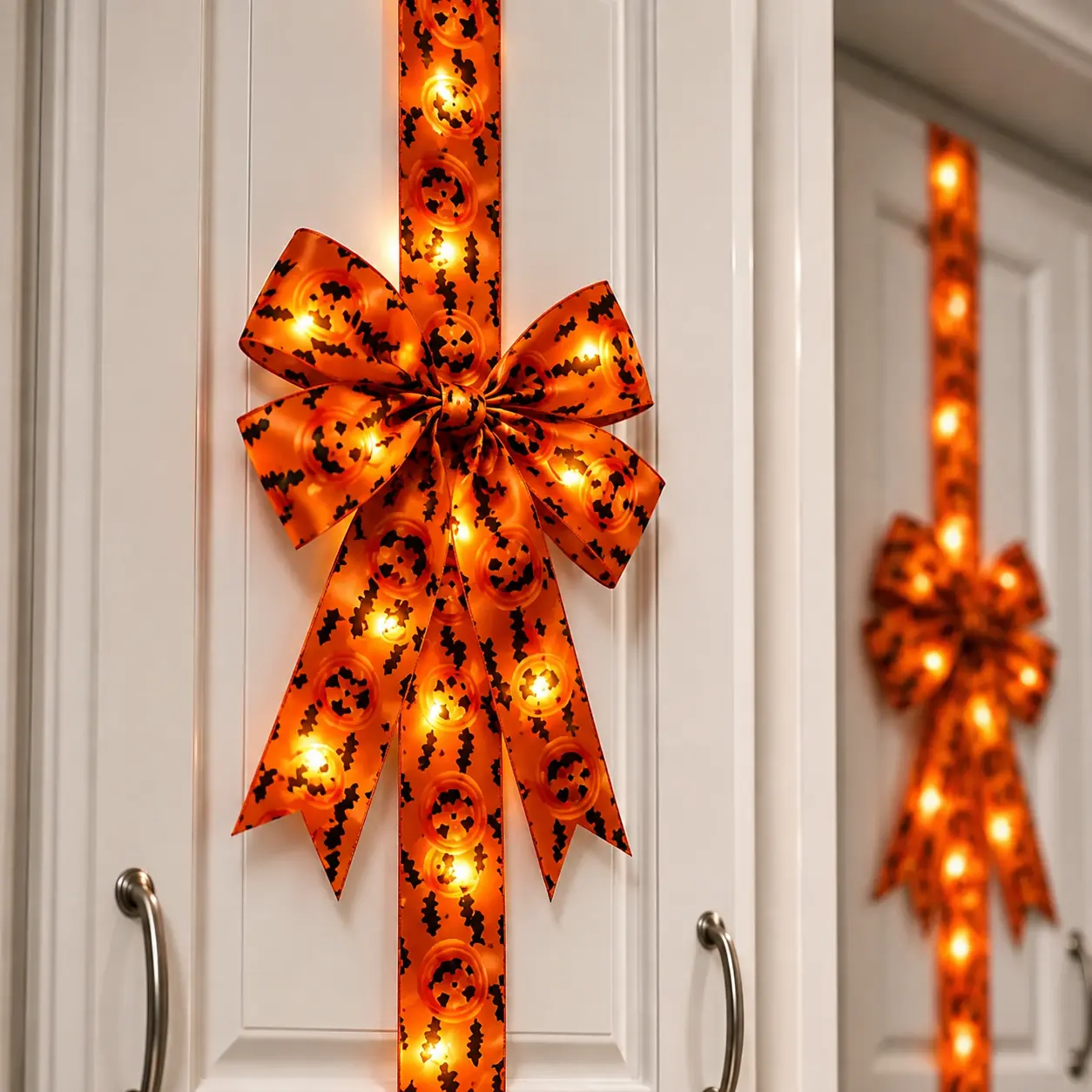 Halloween Large Fringe Bow Wreath for Cabinet Door, Lime Red Tassel Hanging Decor, 79 x 2.4 Inches Polyester Lighted Ornament, Powered by AAA Batteries, Festive Indoor Home Halloween Decoration
