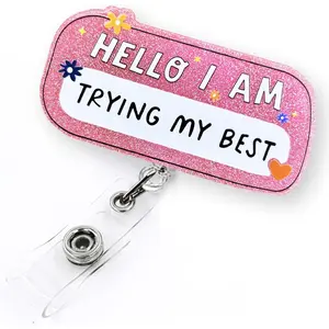 I'm Trying My  Funny Badge Reel Retractable for Nurse  RN   Worker & Teacher | Cute Pink Nurse ID Name Tag Badge Holder with  Clip & 24" Durable Nylon Cord |