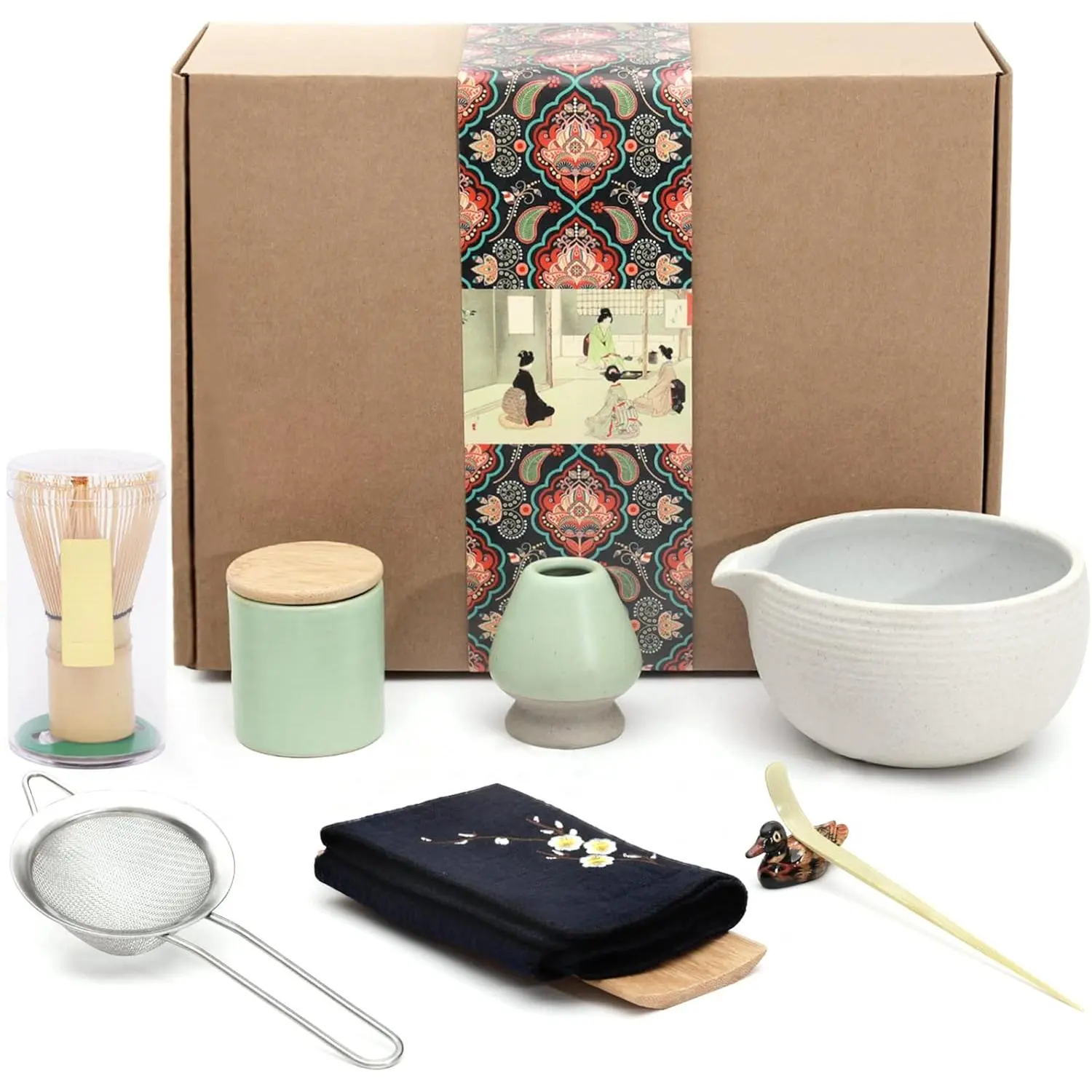 Japanese Matcha Tea Set, Bowl with Pouring Spout, Whisk, Tea Scoop, Ceramic Whisk Holder, Matcha Powder Caddy, Handmade Matcha Ceremony Kit For Japanese Tea Ceremony (9Pcs) matcha tea set ceremony kit matcha powder strainer tea whisk