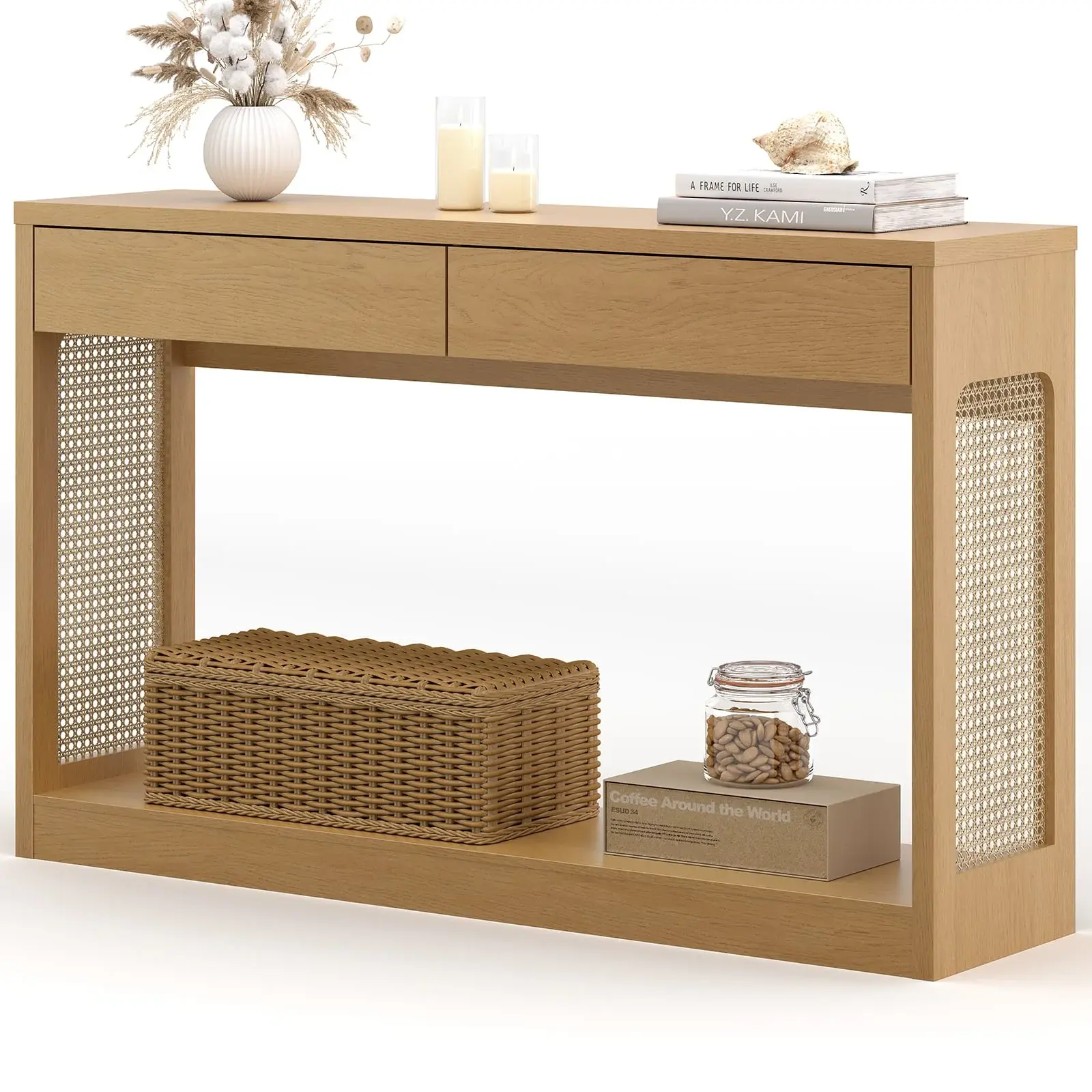 Sikaic Rattan Accent Console Table - Natural Oak, 2 Drawers, Tables with Storage